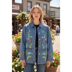 Vintage Denim & Co Women's L Blue Denim Chambray Embroidered Floral Tunic Top